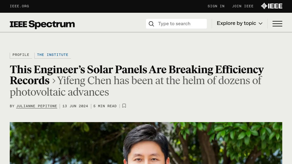 Screenshot of spectrum.ieee.org: Engineer's solar panels are breaking efficiency records