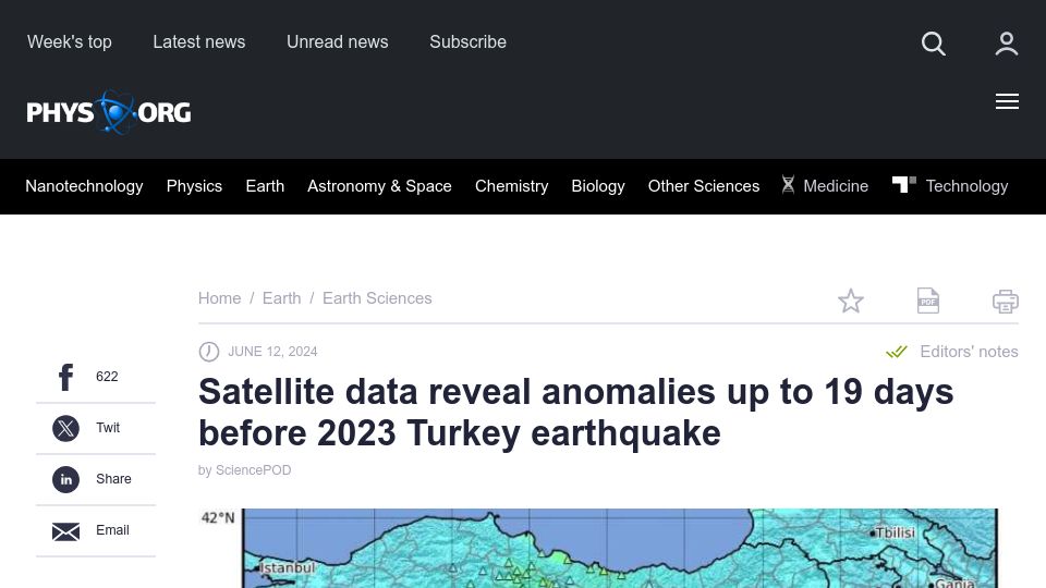 Screenshot of phys.org: Satellite data show electromagnetic anomalies 19 days before Turkey earthquake