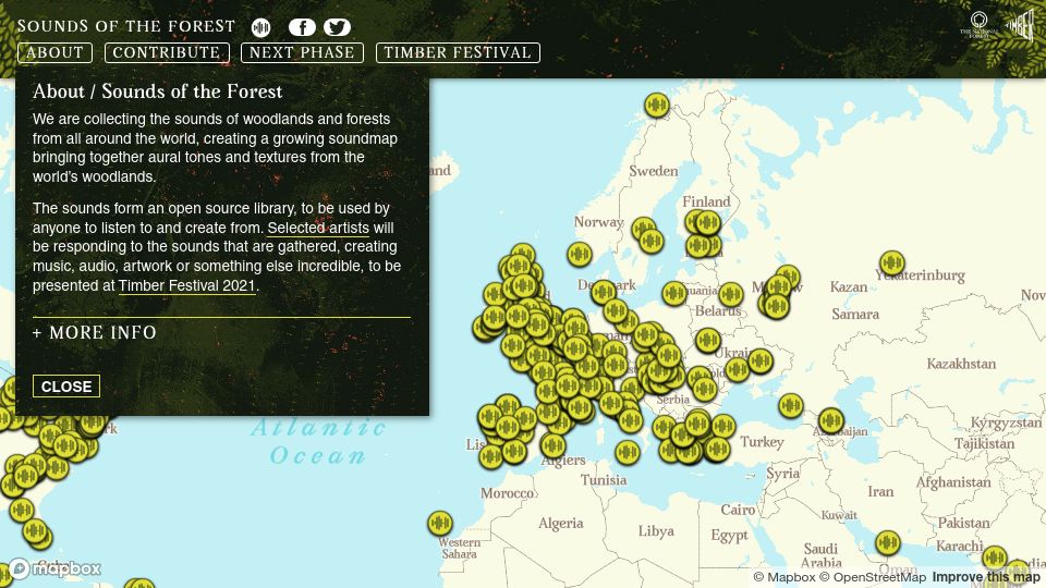 Screenshot of timberfestival.org.uk: Map of forest sounds from around the world