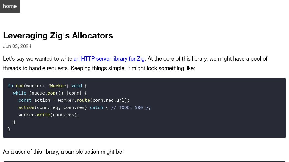 Screenshot of openmymind.net: Leveraging Zig's Allocators