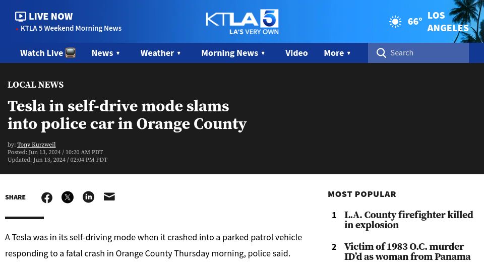 Screenshot of ktla.com: Tesla in self-drive mode slams into police car in Orange County