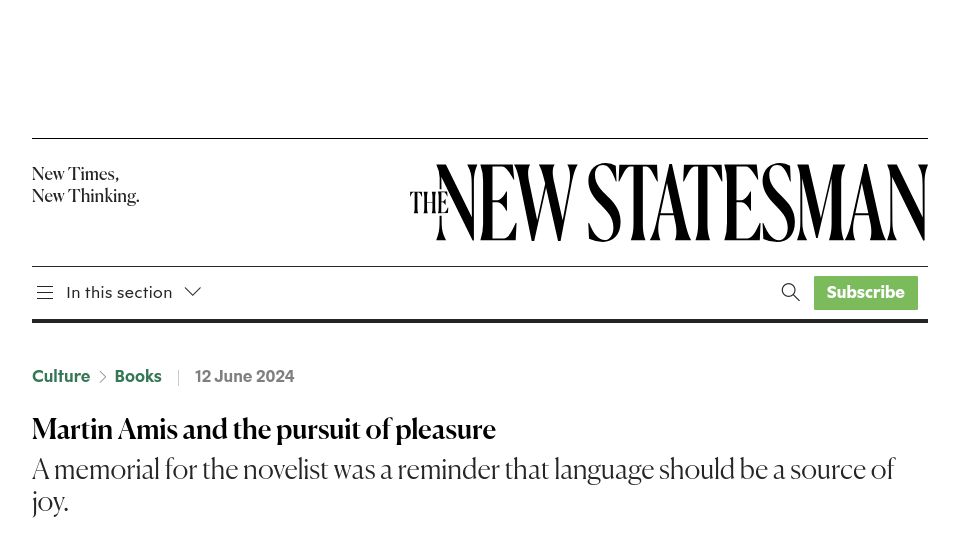 Screenshot of newstatesman.com: Martin Amis and the pursuit of pleasure