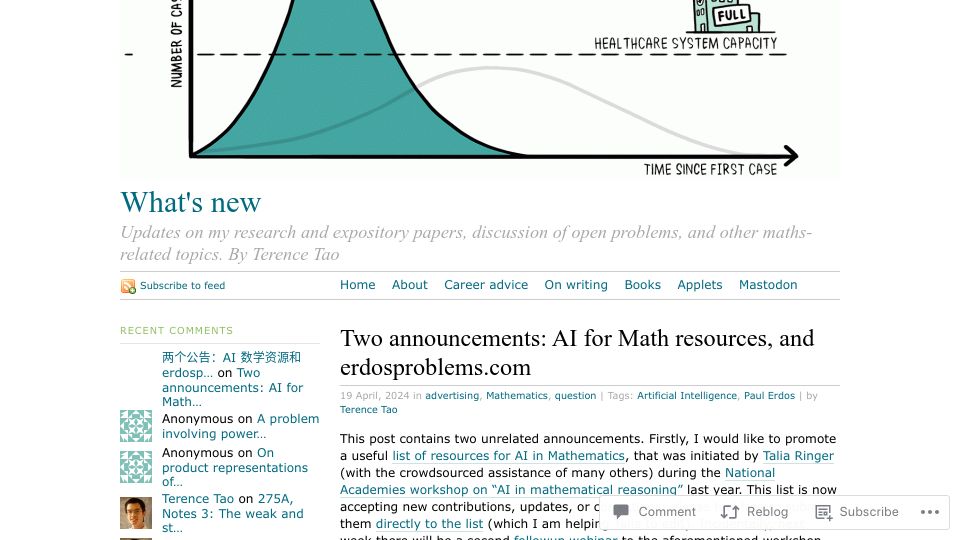 Screenshot of terrytao.wordpress.com: AI for math resources, and erdosproblems.com