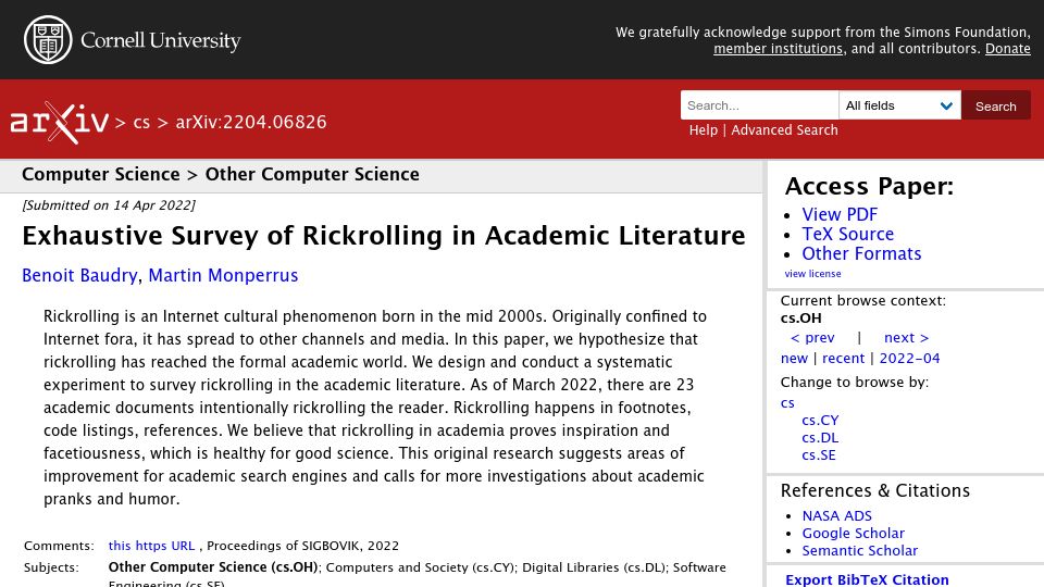 Screenshot of arxiv.org: Survey of Rickrolling in Academic Literature [pdf]