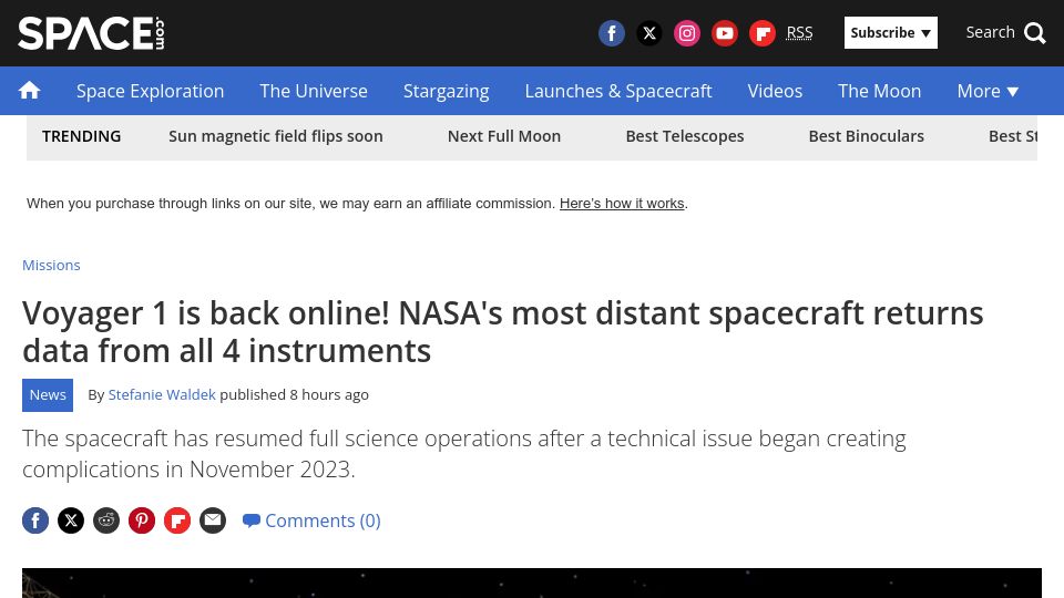 Screenshot of space.com: Voyager 1 is back online: NASA spacecraft returns data from all 4 instruments