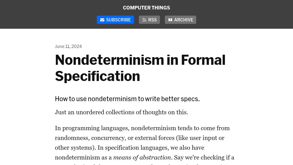 Screenshot of buttondown.email: Nondeterminism in Formal Specification