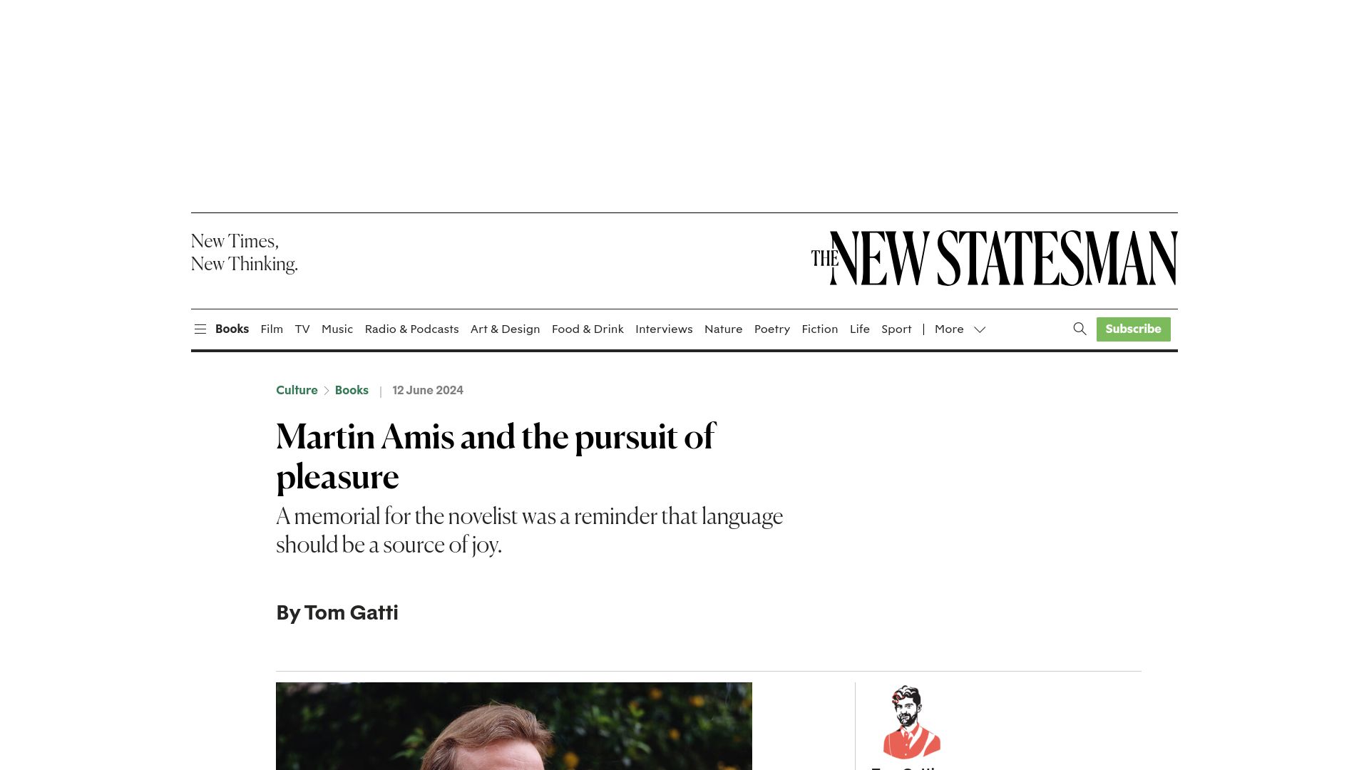 Screenshot of newstatesman.com: Martin Amis and the pursuit of pleasure