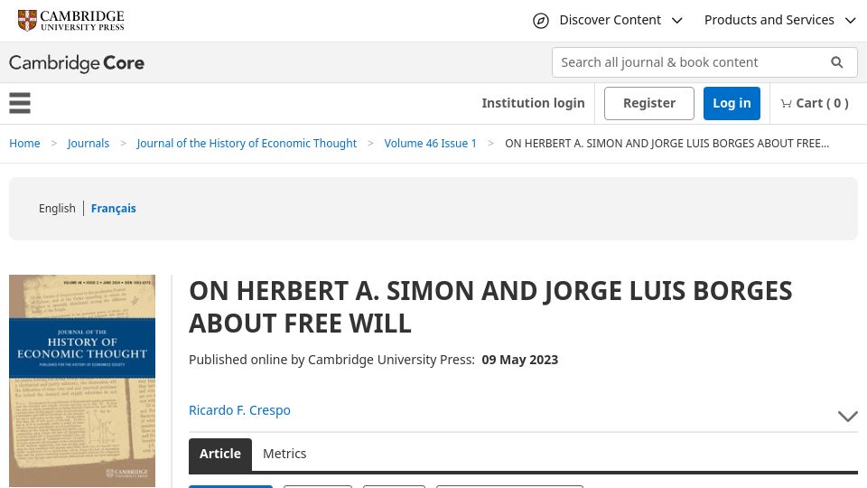 Screenshot of cambridge.org: Herbert A. Simon and Jorge Luis Borges About Free Will (2023)