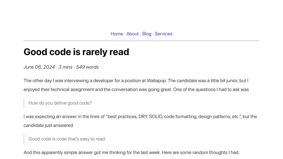 Screenshot of alexmolas.com: Good code is rarely read