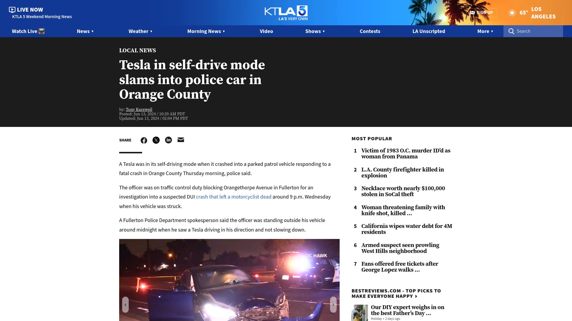 Screenshot of ktla.com: Tesla in self-drive mode slams into police car in Orange County