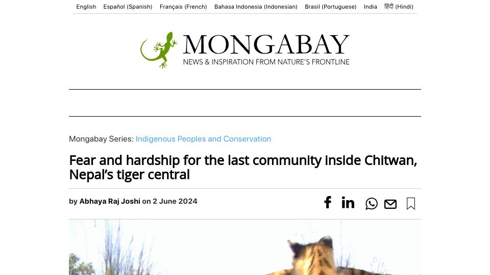 Screenshot of news.mongabay.com: Fear and hardship for the last community inside Chitwan, Nepal's tiger central