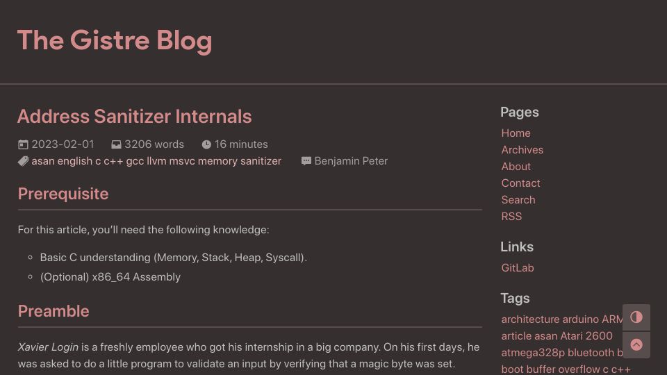 Screenshot of blog.gistre.epita.fr: Address Sanitizer Internals