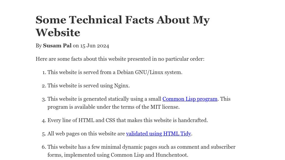 Screenshot of susam.net: Some Technical Facts About My Website