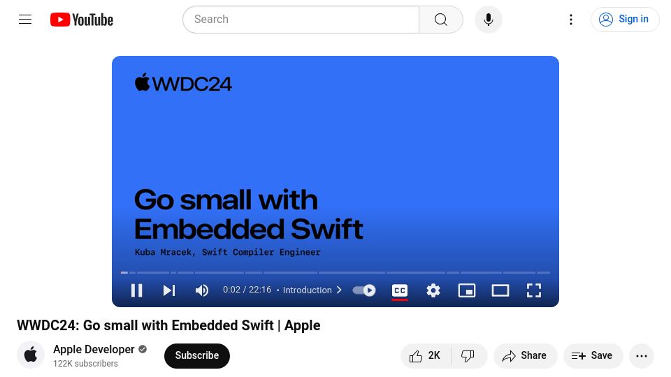 Screenshot of youtube.com: Embedded Swift [video]