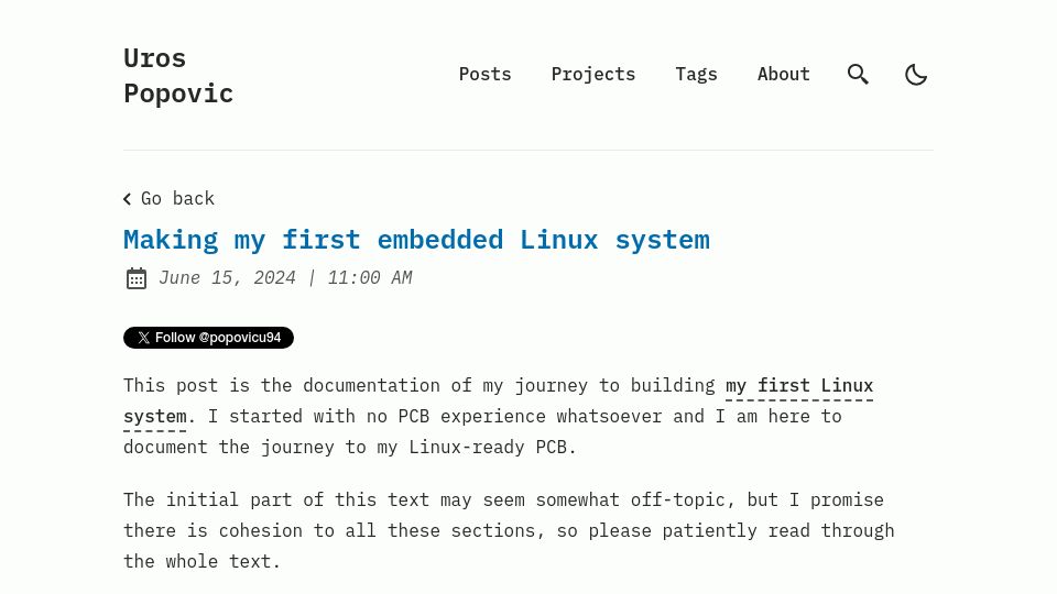 Screenshot of popovicu.com: Making my first embedded Linux system