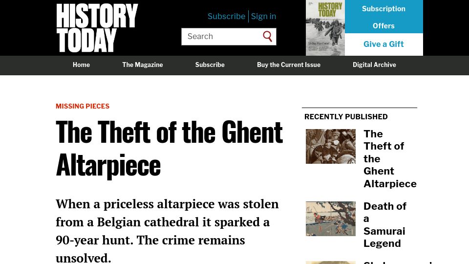 Screenshot of historytoday.com: The Theft of the Ghent Altarpiece