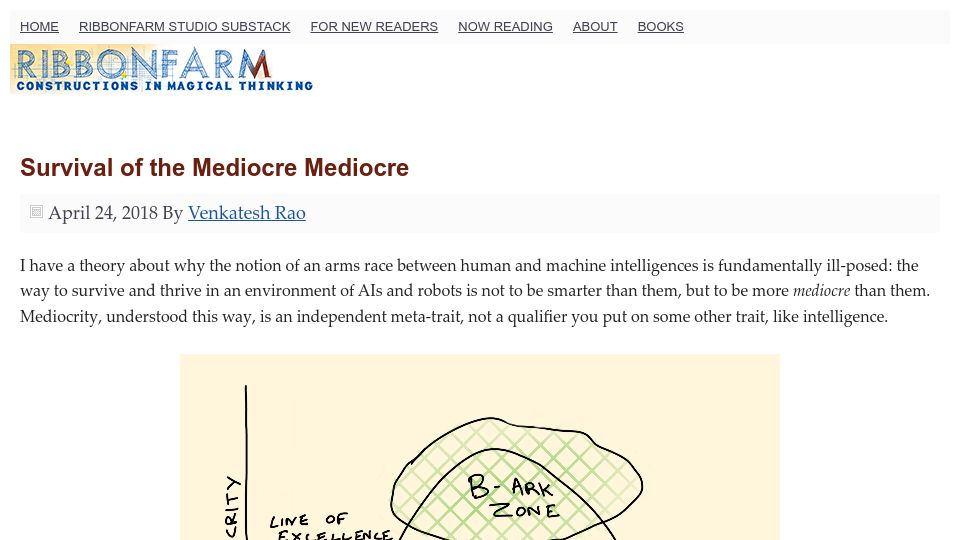 Screenshot of ribbonfarm.com: Survival of the Mediocre Mediocre (2018)