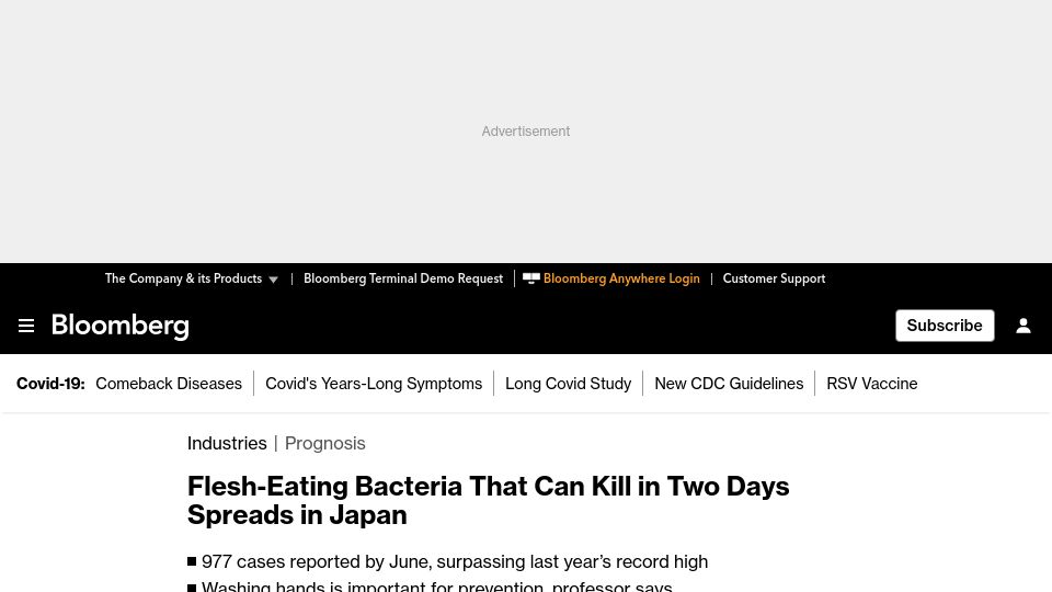 Screenshot of bloomberg.com: Flesh-Eating Bacteria That Can Kill in Two Days Spreads in Japan