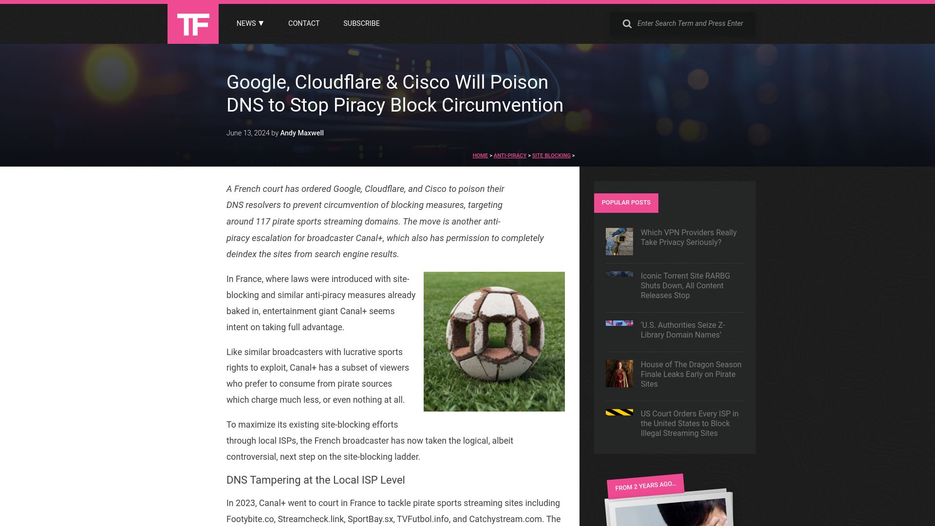 Screenshot of torrentfreak.com: Google, Cloudflare and Cisco will poison DNS to stop piracy block circumvention