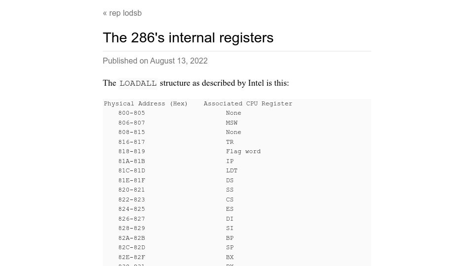 Screenshot of rep-lodsb.mataroa.blog: The 286's internal registers (2022)