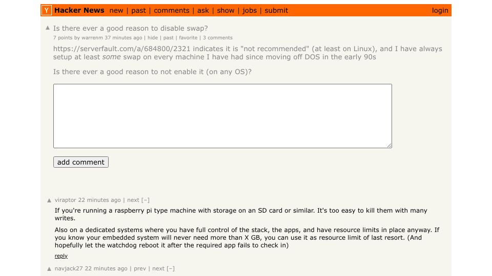Screenshot of Hacker News post: Is there ever a good reason to disable swap?