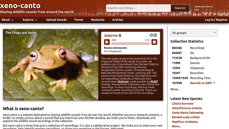 Screenshot of xeno-canto.org: Sharing wildlife sounds from all over the world
