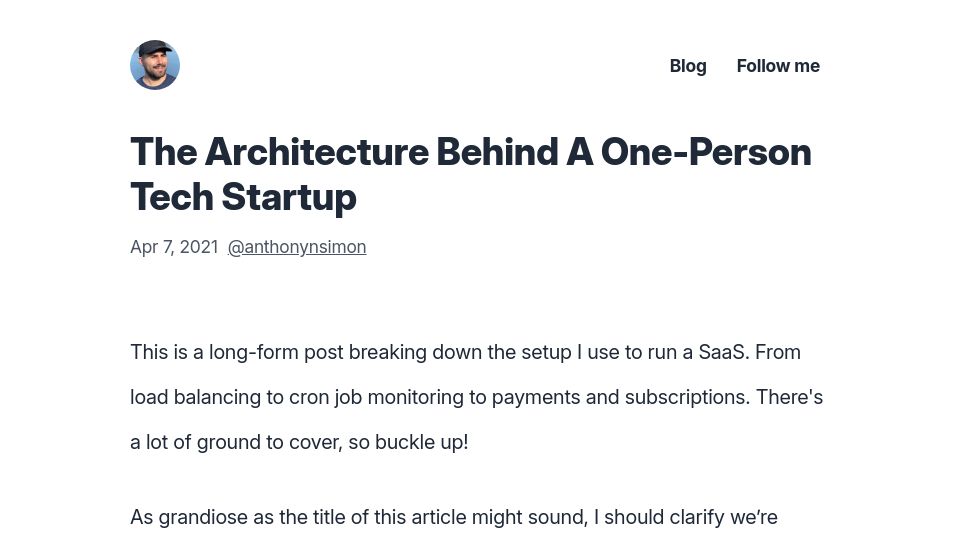 Screenshot of anthonynsimon.com: The Architecture Behind a One-Person Tech Startup (2021)