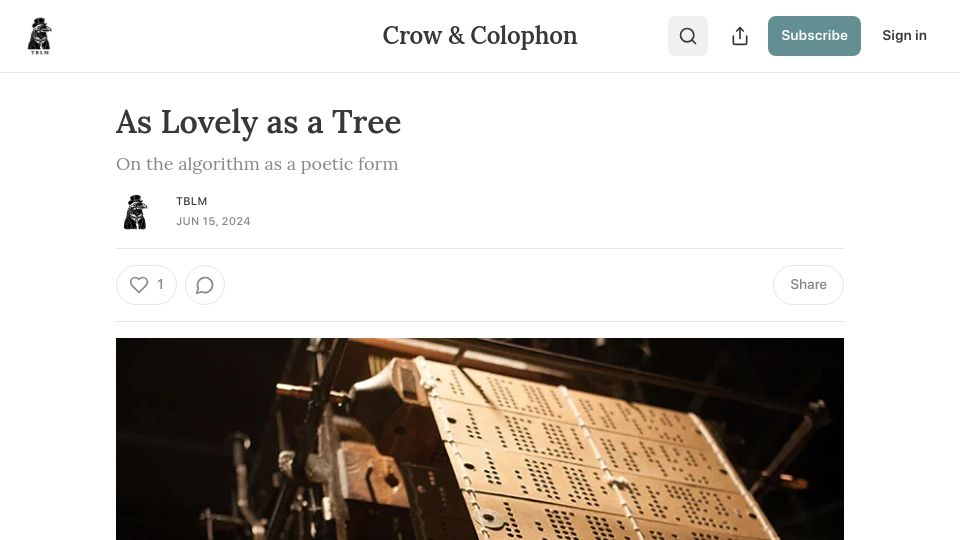 Screenshot of tblm.substack.com: As Lovely as a Tree