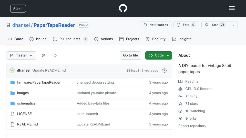 Screenshot of github.com: PaperTapeReader: A DIY reader for vintage 8-bit paper tapes