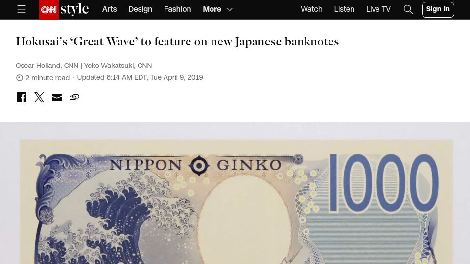 Screenshot of cnn.com: Hokusai's 'Great Wave' features on new Japanese banknotes (2019)