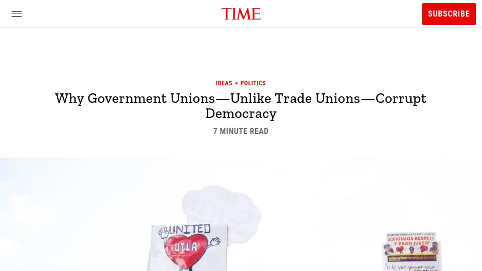 Screenshot of time.com: Why Government Unions–Unlike Trade Unions–Corrupt Democracy