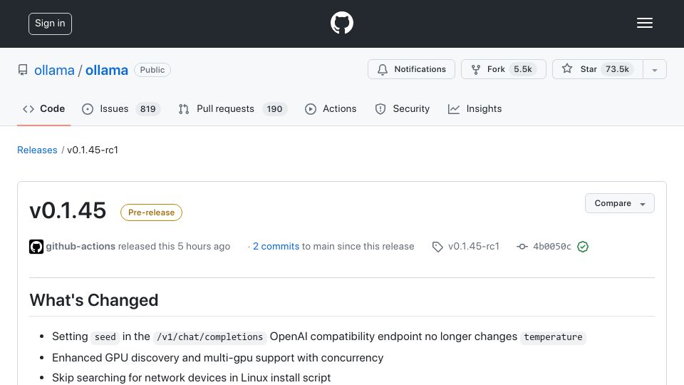 Screenshot of github.com: Ollama v0.1.45