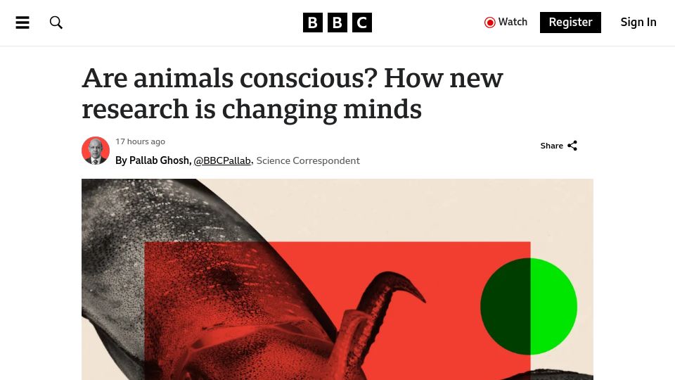 Screenshot of bbc.com: Are animals conscious? How new research is changing minds