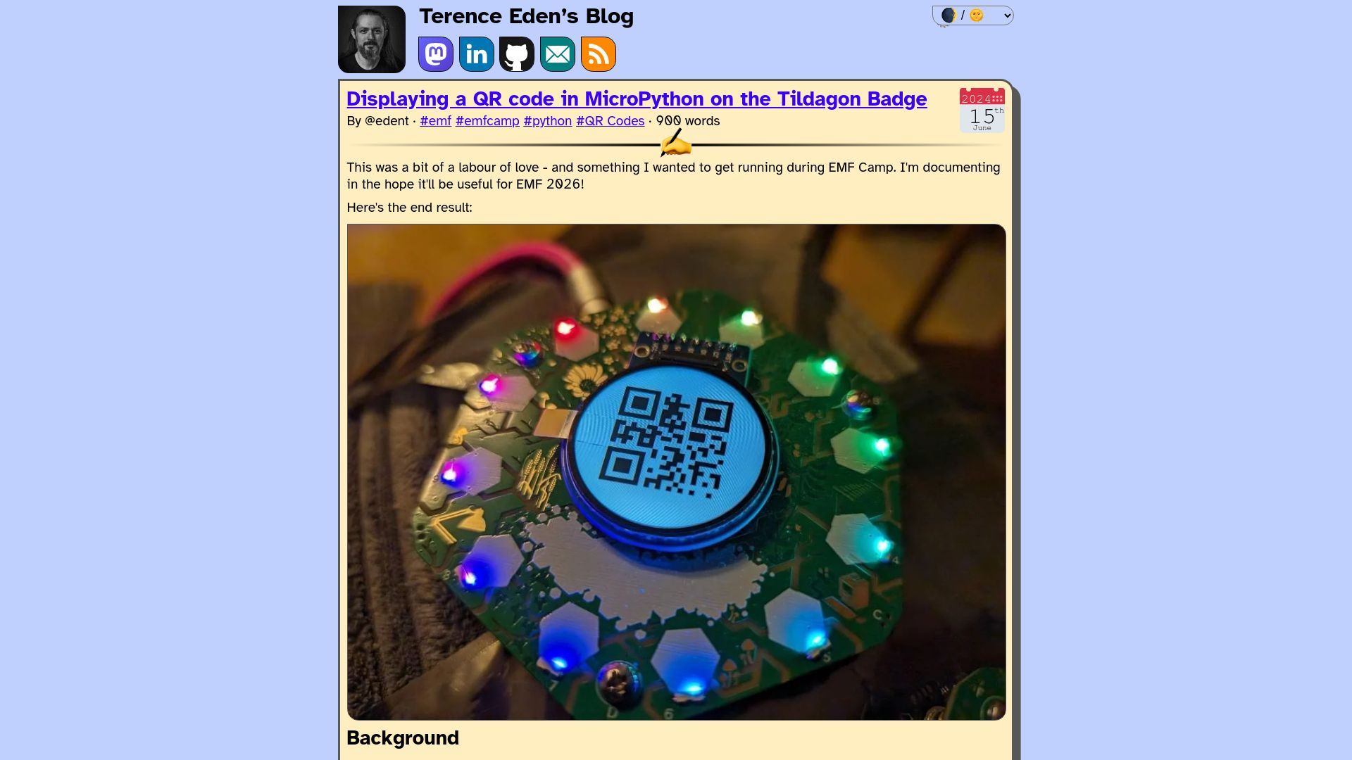 Screenshot of shkspr.mobi: Displaying a QR Code in MicroPython on the Tildagon Badge