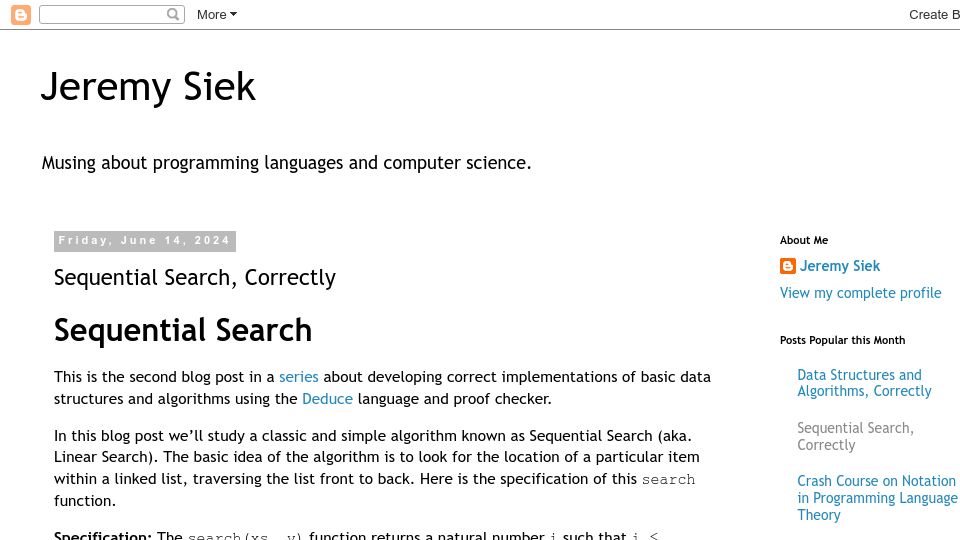 Screenshot of siek.blogspot.com: Sequential Search, Correctly