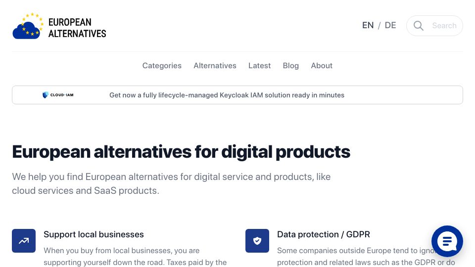 Screenshot of european-alternatives.eu: European Alternatives