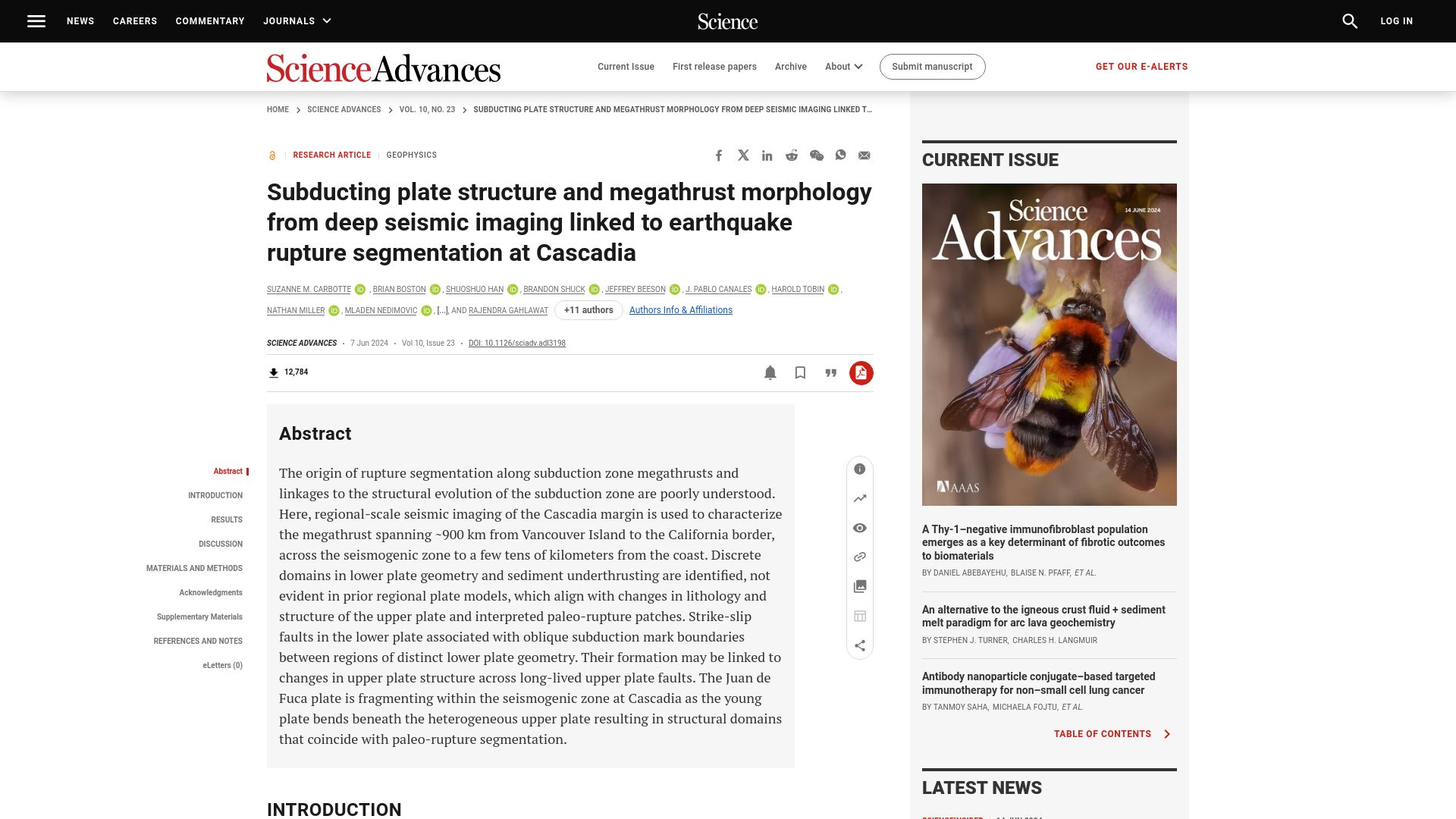 Screenshot of science.org: Subducting plate structure and megathrust morphology at Cascadia
