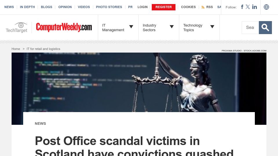 Screenshot of computerweekly.com: Post Office scandal victims in Scotland have convictions quashed