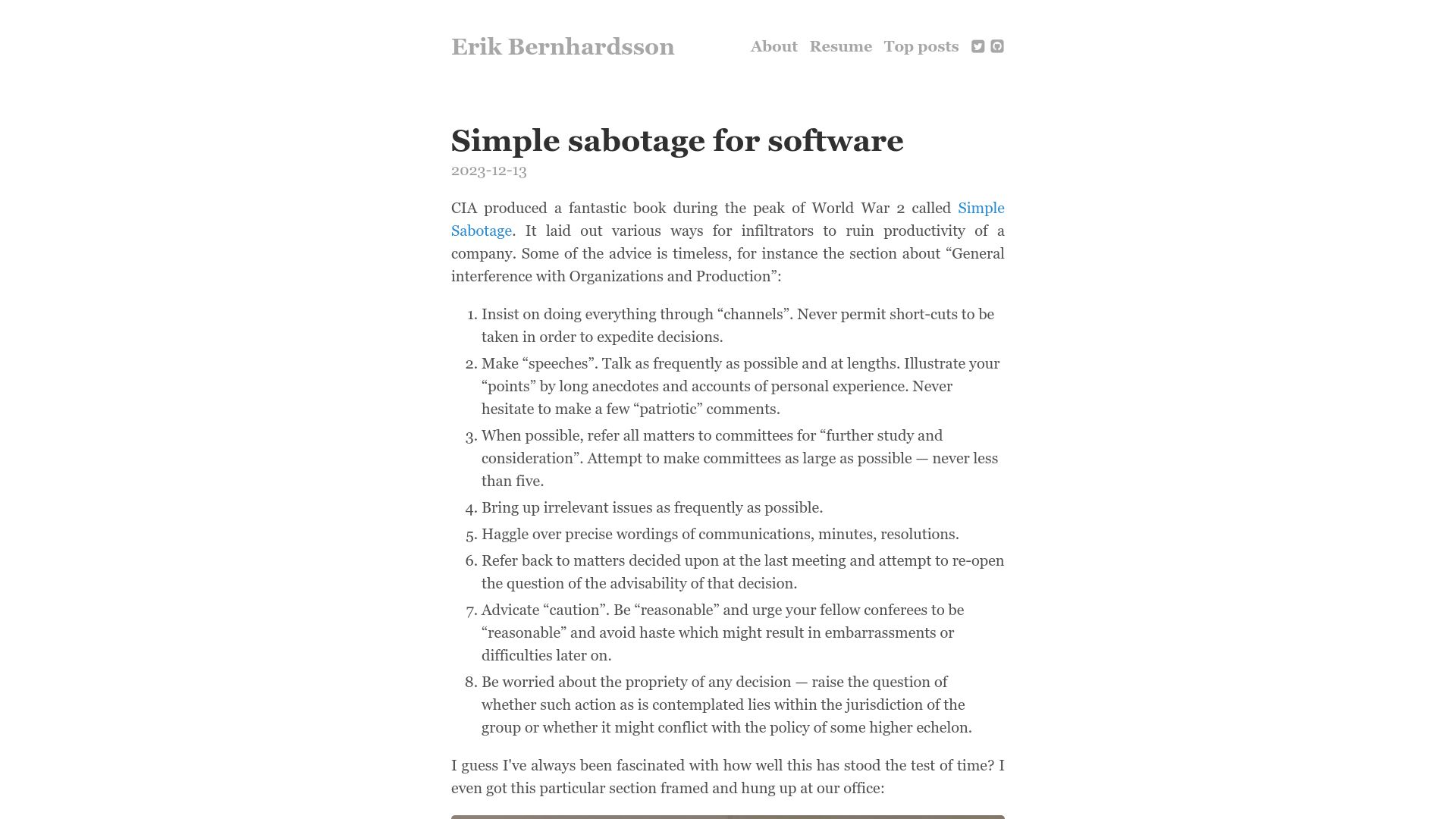 Screenshot of erikbern.com: Simple sabotage for software (2023)