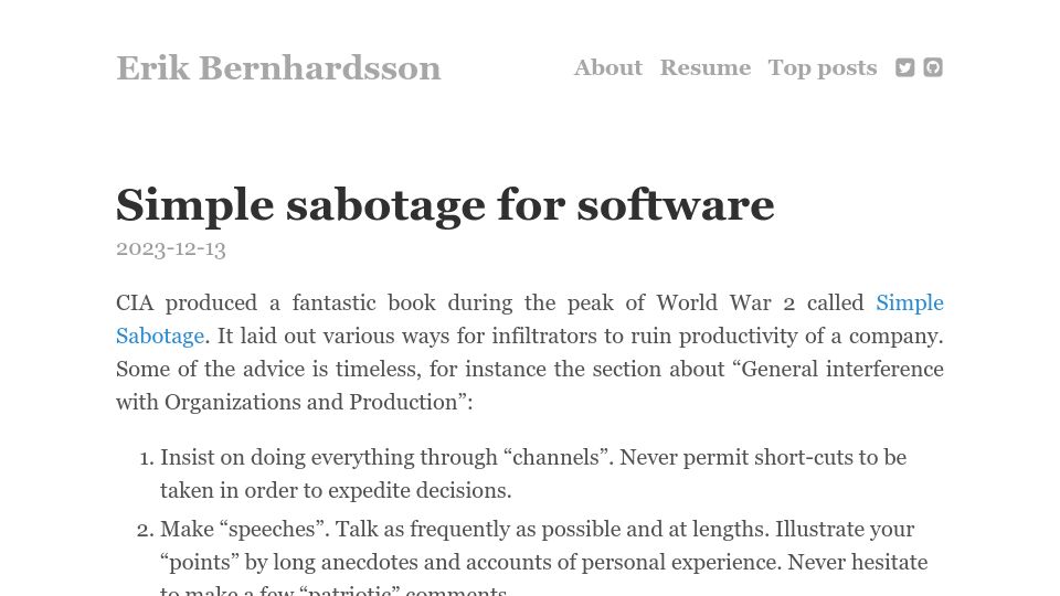 Screenshot of erikbern.com: Simple sabotage for software (2023)