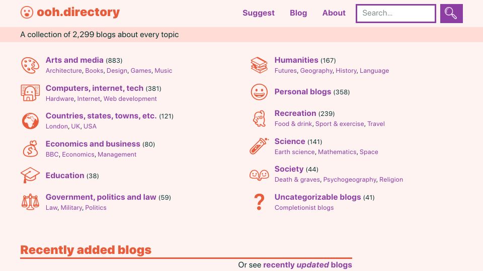 Screenshot of ooh.directory: A collection of 2,299 blogs about every topic