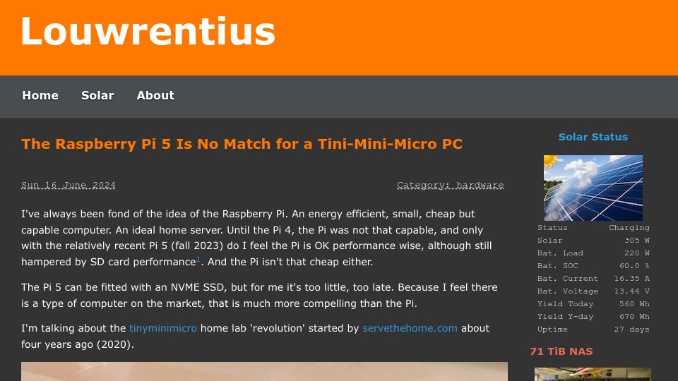 Screenshot of louwrentius.com: The Raspberry Pi 5 Is No Match for a Tini-Mini-Micro PC