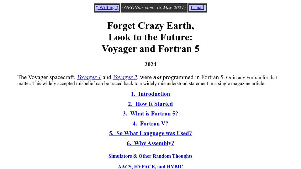 Screenshot of geonius.com: Voyager Spacecraft and Fortran 5