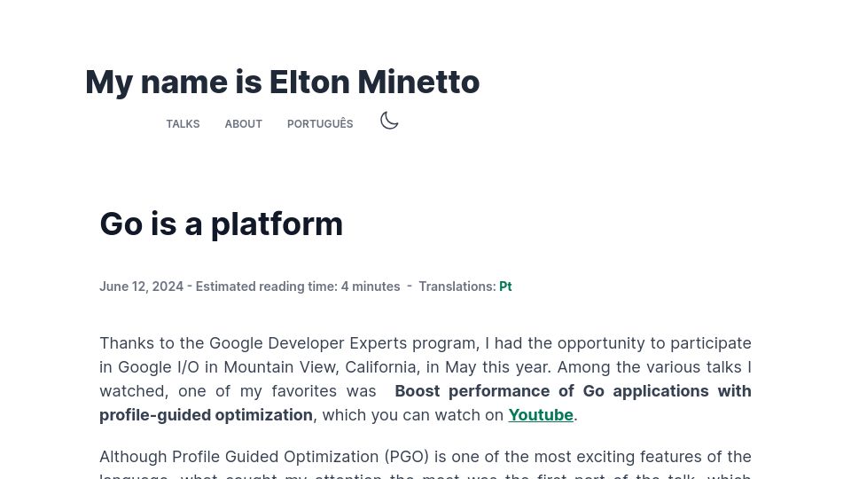 Screenshot of eltonminetto.dev: Go is more than a language; Go is a platform