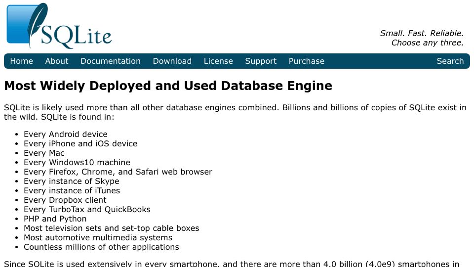 Screenshot of sqlite.org: SQLite is likely used more than all other database engines combined