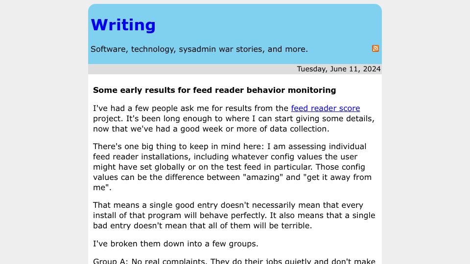 Screenshot of rachelbythebay.com: Some early results for feed reader behavior monitoring