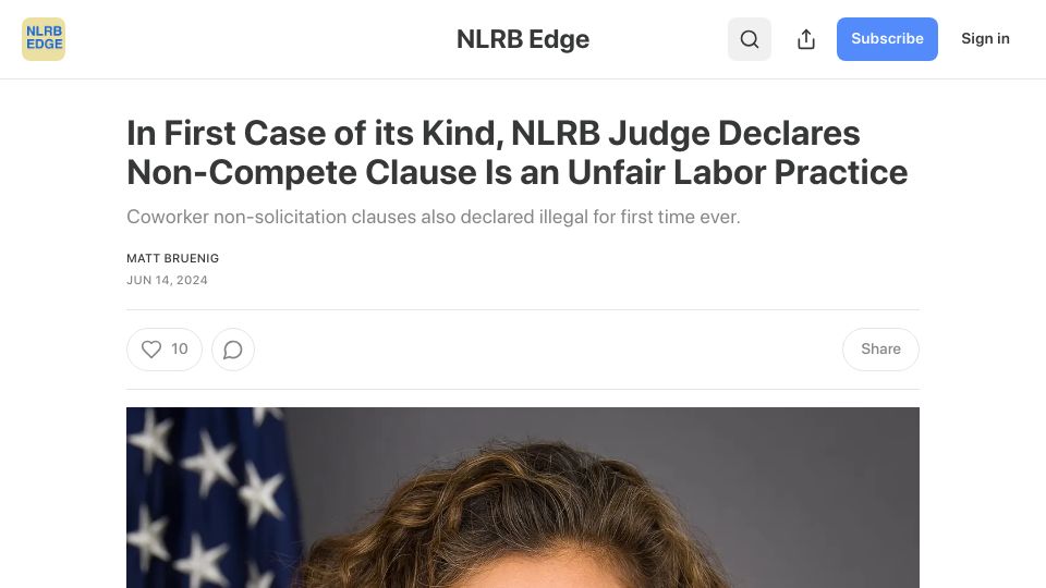 Screenshot of nlrbedge.com: NLRB judge declares non-compete clause is an unfair labor practice
