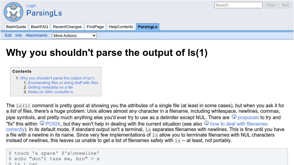 Screenshot of mywiki.wooledge.org: Why you shouldn't parse the output of ls(1)