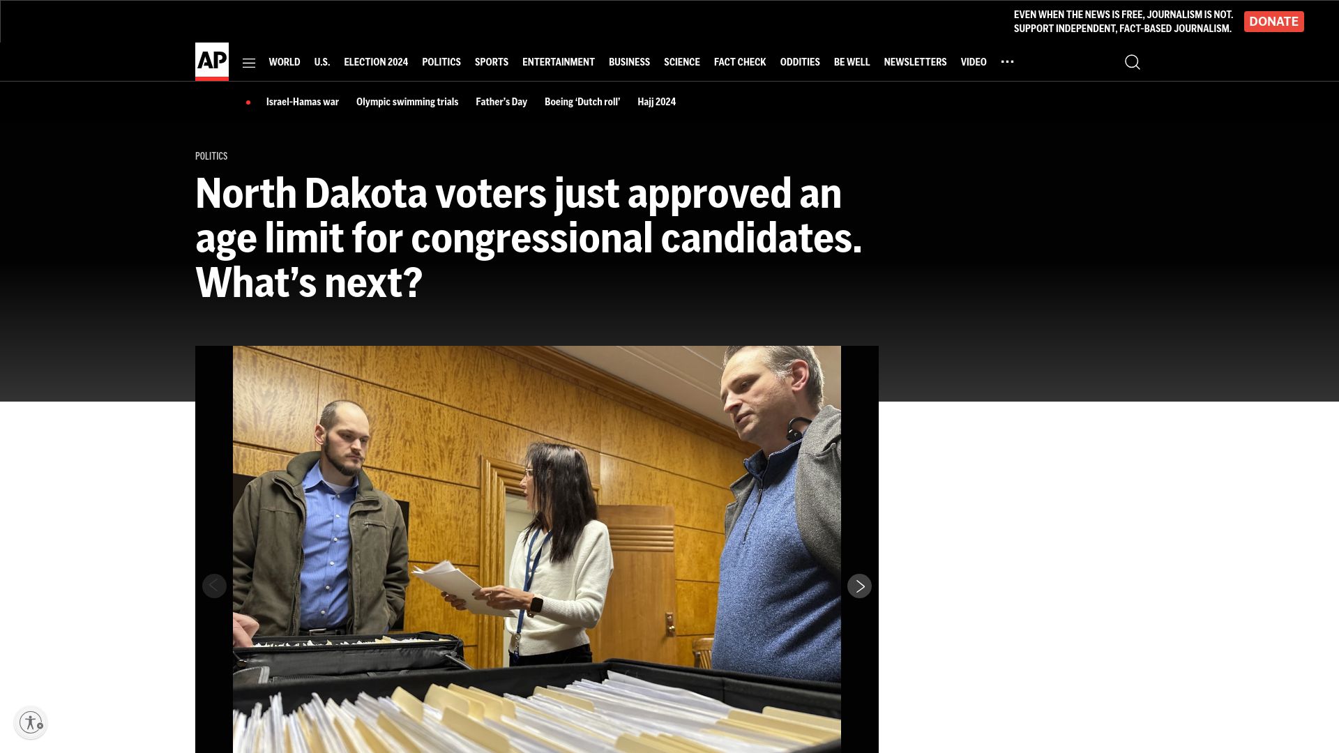Screenshot of apnews.com: North Dakota voters just approved an age limit for congressional candidates