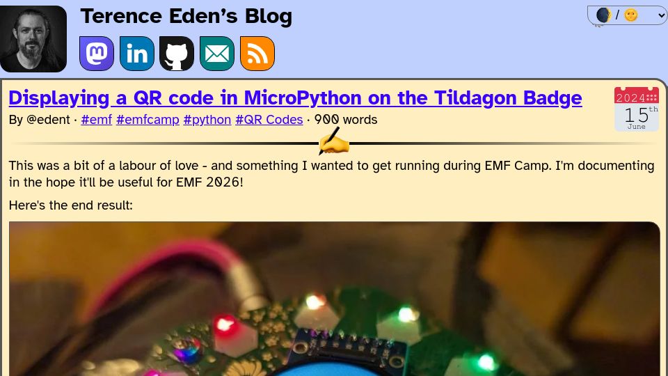Screenshot of shkspr.mobi: Displaying a QR Code in MicroPython on the Tildagon Badge